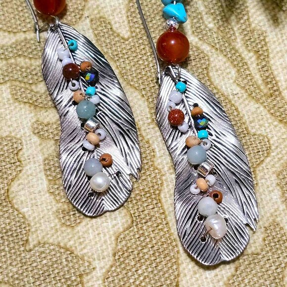 Artisan Earrings Southwestern Silver Feathers Turquoise Carnelian Multi Beaded - Picture 6 of 10